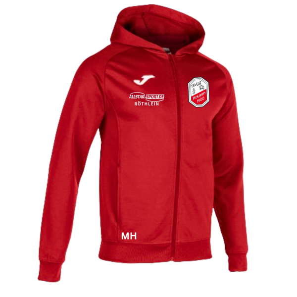 Trainingsjacke rot mit Kapuze, Logo und Initialen